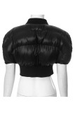 Black Casual Solid Color Patchwork Zipper Zipper Collar Outerwear
