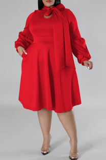 Red Elegant Solid Color Patchwork Strap Design Asymmetrical Collar A Line Plus Size Dresses