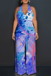 Blue Casual Gradient Chain print Lace Up Backless Contrast Halter Loose Jumpsuits