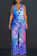 Blue Casual Gradient Chain print Lace Up Backless Contrast Halter Loose Jumpsuits