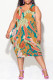 Green Casual Floral Print Camouflage Print Contrast V Neck Lantern Skirt Plus Size Dresses