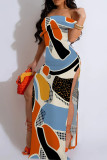 Apricot Sexy Casual Print Patchwork Backless High Slit Off Shoulder Long Dresses