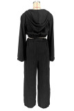 Black Casual Solid Color Pocket Lace Up Patchwork Zipper Hooded Long Sleeve Two Pieces