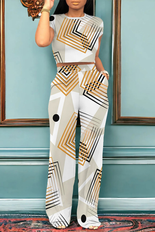 Cream White Casual Geometric Print Pocket Contrast O Neck Short Sleeve Two Pieces