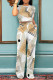 Cream White Casual Geometric Print Pocket Contrast O Neck Short Sleeve Two Pieces