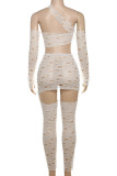 White Sexy Solid Color Hollow Out Patchwork See-Through Asymmetrical Collar Long Sleeve Two Pieces