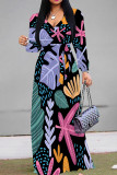 Apricot Elegant Print Patchwork Strap Design V Neck Long Dresses