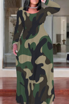 Camouflage Yellow Casual Camouflage Print Patchwork O Neck Straight Plus Size Dresses