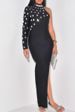 Black Elegant Solid Color Patchwork High Slit Hot Drill Zipper Turtleneck Long Dresses