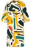 Beige Casual Poker Letter Print Contrast V Neck A Line Dresses