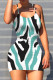 White Cyan Sexy Print Patchwork Backless Spaghetti Strap Sling Dresses
