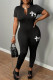 Black Casual Print Patchwork Zipper Zipper Collar Skinny Jumpsuits
