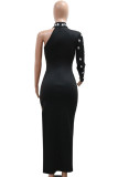Black Elegant Solid Color Patchwork High Slit Hot Drill Zipper Turtleneck Long Dresses