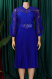 Deep Blue Elegant Solid Color Hollow Out Patchwork With Belt Zipper O Neck A Line Dresses