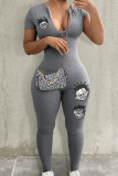 Grey Street Print Patchwork Zipper Zipper Collar Skinny Jumpsuits