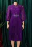 Deep Blue Elegant Solid Color Hollow Out Patchwork With Belt Zipper O Neck A Line Dresses
