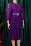 Deep Blue Elegant Solid Color Hollow Out Patchwork With Belt Zipper O Neck A Line Dresses
