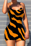 Tiger Pattern Sexy Print Patchwork Backless Spaghetti Strap Sling Dresses