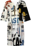 Beige Casual Poker Letter Print Contrast V Neck A Line Dresses