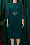 Deep Blue Elegant Solid Color Hollow Out Patchwork With Belt Zipper O Neck A Line Dresses