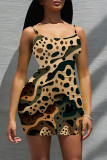 Red Sexy Leopard Print Floral Print Contrast U Neck Printed Dresses