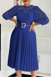 Deep Blue Elegant Solid Color Hollow Out Patchwork With Belt Zipper O Neck A Line Dresses