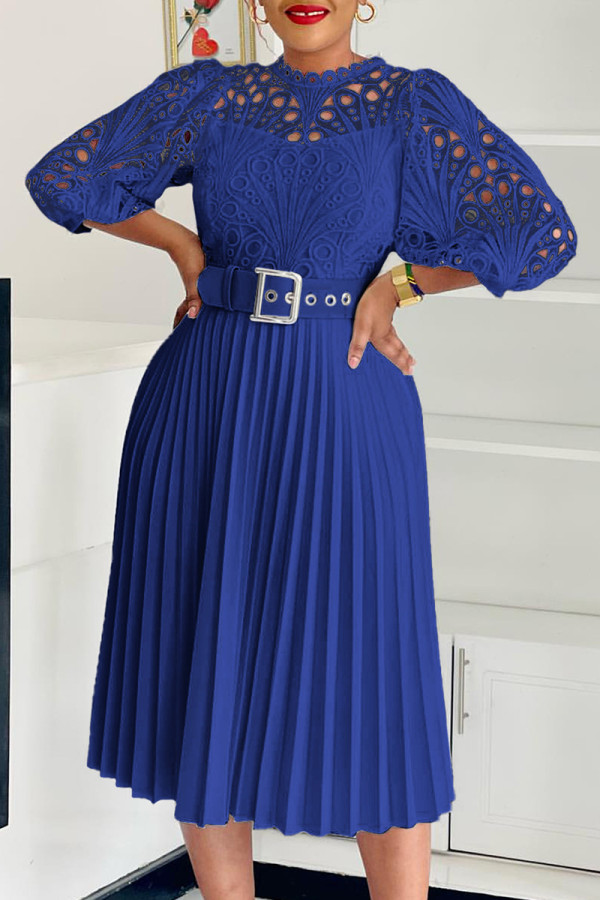 Deep Blue Elegant Solid Color Hollow Out Patchwork With Belt Zipper O Neck A Line Dresses