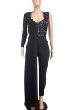 Black Elegant Solid Color Sequins Patchwork Zipper V Neck Regular Jumpsuits