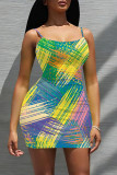 White Blue Sexy Geometric Print Contrast U Neck Printed Dresses