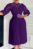 Deep Blue Elegant Solid Color Hollow Out Patchwork With Belt Zipper O Neck A Line Dresses