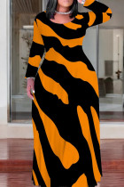 Black Orange Casual Print Patchwork O Neck Straight Plus Size Dresses