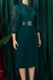 Deep Blue Elegant Solid Color Hollow Out Patchwork With Belt Zipper O Neck A Line Dresses
