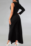 Black Elegant Solid Color Sequins Patchwork Zipper V Neck Regular Jumpsuits