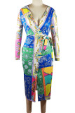 Multicolor Elegant Print Patchwork Strap Design V Neck Printed Dresses