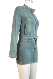 Blue Street Solid Color Pocket Buttons Patchwork Zipper Mandarin Collar Long Sleeve Two Pieces