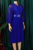 Deep Blue Elegant Solid Color Hollow Out Patchwork With Belt Zipper O Neck A Line Dresses