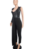 Black Elegant Solid Color Sequins Patchwork Zipper V Neck Regular Jumpsuits