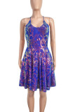 Blue Sexy Ditsy Floral Sequins Patchwork Backless Spaghetti Strap Sling Dresses