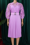 Deep Blue Elegant Solid Color Hollow Out Patchwork With Belt Zipper O Neck A Line Dresses