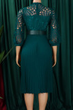 Deep Blue Elegant Solid Color Hollow Out Patchwork With Belt Zipper O Neck A Line Dresses