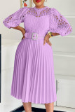 Deep Blue Elegant Solid Color Hollow Out Patchwork With Belt Zipper O Neck A Line Dresses