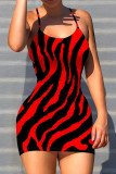 Tiger Pattern Sexy Print Patchwork Backless Spaghetti Strap Sling Dresses