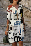 Beige Casual Poker Letter Print Contrast V Neck A Line Dresses