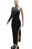 Black Elegant Solid Color Patchwork High Slit Hot Drill Zipper Turtleneck Long Dresses