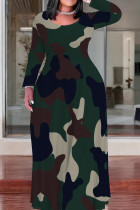 White Green Casual Camouflage Print Patchwork O Neck Straight Plus Size Dresses