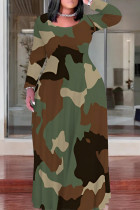 Green Casual Camouflage Print Patchwork O Neck Straight Plus Size Dresses