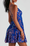 Blue Sexy Ditsy Floral Sequins Patchwork Backless Spaghetti Strap Sling Dresses
