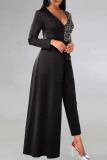 Black Elegant Solid Color Sequins Patchwork Zipper V Neck Regular Jumpsuits