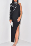 Black Elegant Solid Color Patchwork High Slit Hot Drill Zipper Turtleneck Long Dresses