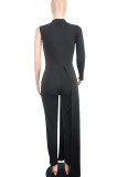 Black Elegant Solid Color Sequins Patchwork Zipper V Neck Regular Jumpsuits